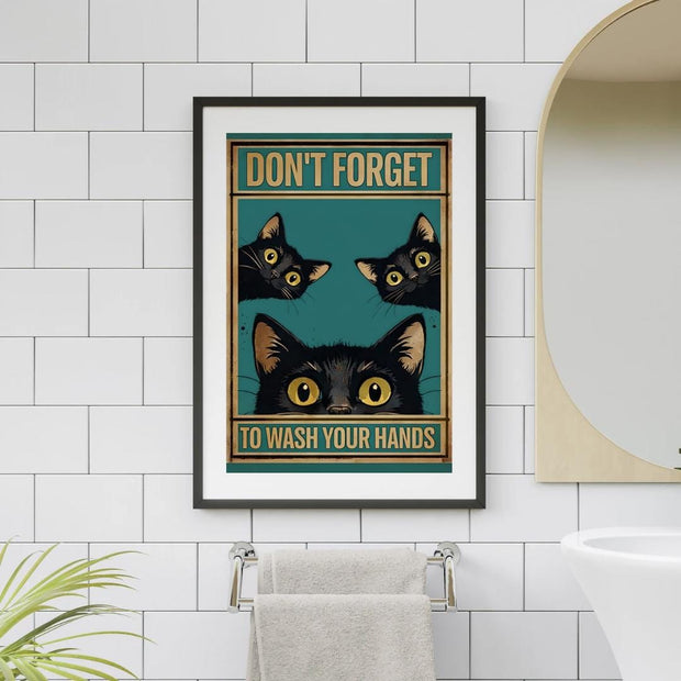 Funny Cat Bathroom Sign Printable – "Don't Forget to Wash Your Hands", Black Cat Wall Art, Digital Download