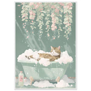 Relaxed Cat in Bathtub Wall Art – Pastel Floral Bathroom Print – Whimsical Cat Decor – Framed Art Available in 4 Colours & All Sizes