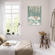 Relaxed Cat in Bathtub Wall Art – Pastel Floral Bathroom Print – Whimsical Cat Decor – Framed Art Available in 4 Colours & All Sizes