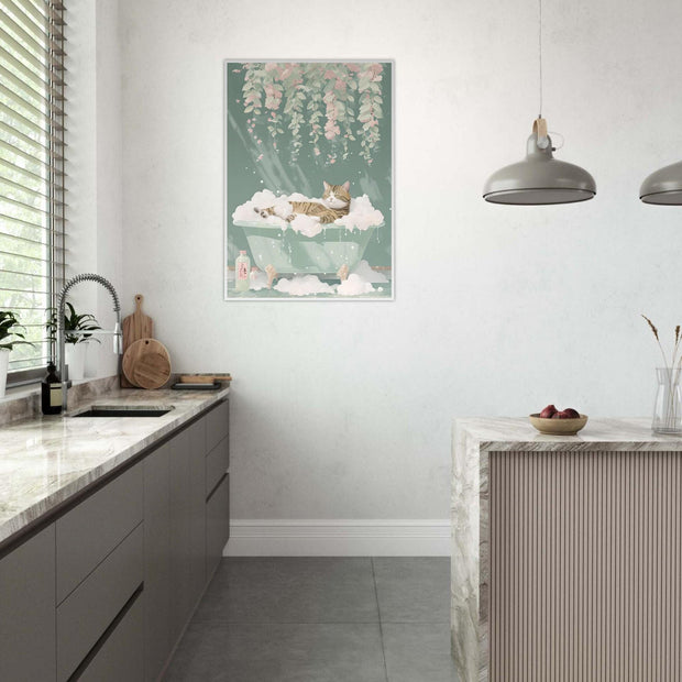 Relaxed Cat in Bathtub Wall Art – Pastel Floral Bathroom Print – Whimsical Cat Decor – Framed Art Available in 4 Colours & All Sizes