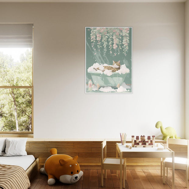 Relaxed Cat in Bathtub Wall Art – Pastel Floral Bathroom Print – Whimsical Cat Decor – Framed Art Available in 4 Colours & All Sizes