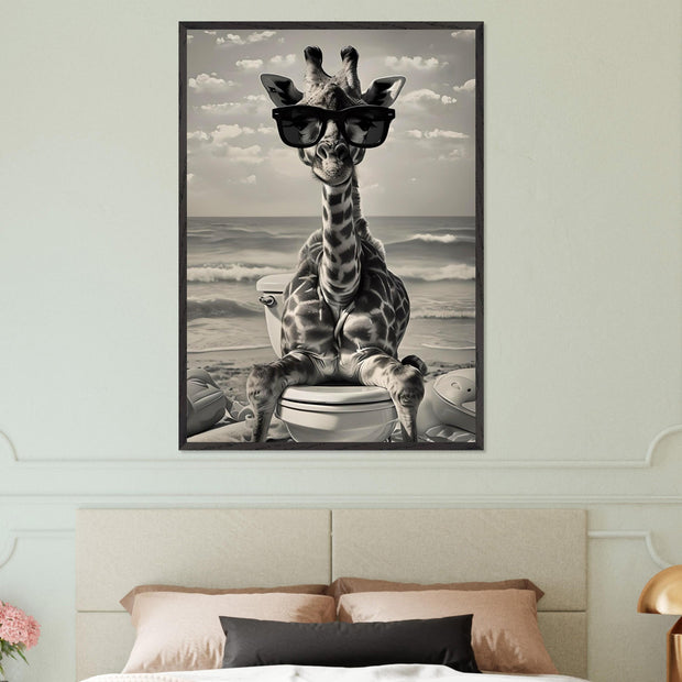 Funny Giraffe Beach Art | Quirky Bathroom Wall Print | Surreal Animal Decor | Giraffe on Toilet | Digital Download Poster