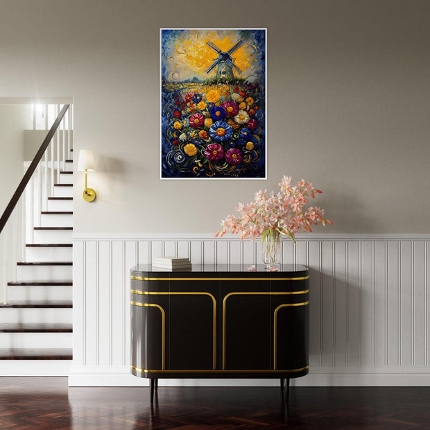 Colourful Windmill Field – Vibrant Floral Landscape Art