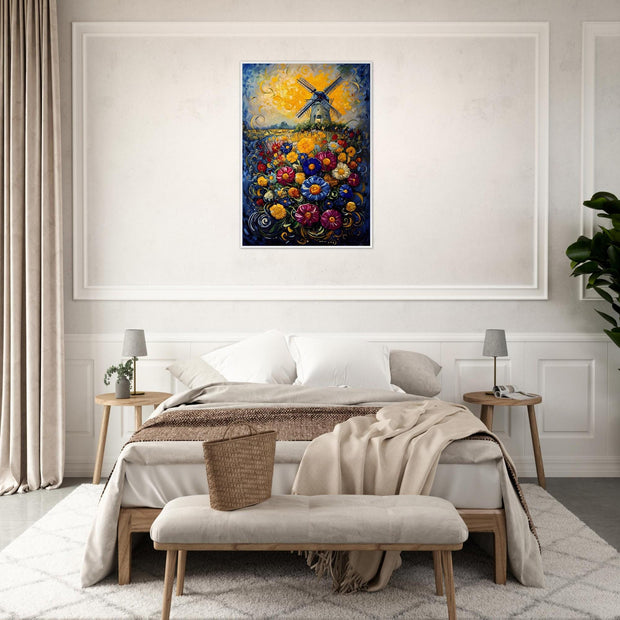 Colourful Windmill Field – Vibrant Floral Landscape Art