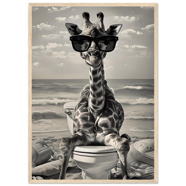Funny Giraffe Wall Art in Frame – Jungle Bathroom Decor, Safari Animal Poster for Nursery or Kids Room, Quirky Giraffe on Toilet Print