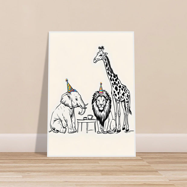 Safari Party Animals Wall Art – Nursery Animal Tea Party Printable, Giraffe Lion Elephant Party Hats Digital Print