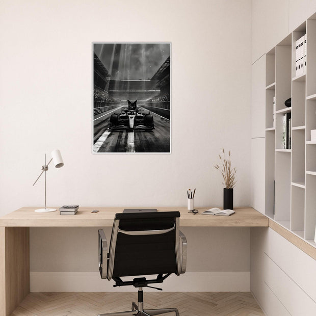 Racing Cat Framed Wall Art | Black Cat in F1 Car Poster | Luxury Motorsport Decor | Funny Animal Art Print | Ready to Hang Framed Gift