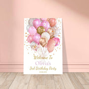 Personalised Birthday Party Welcome Sign | Foam Board Poster | Custom Name, Age & Date | Pink and Gold Balloon Decor | Kids Party Signage