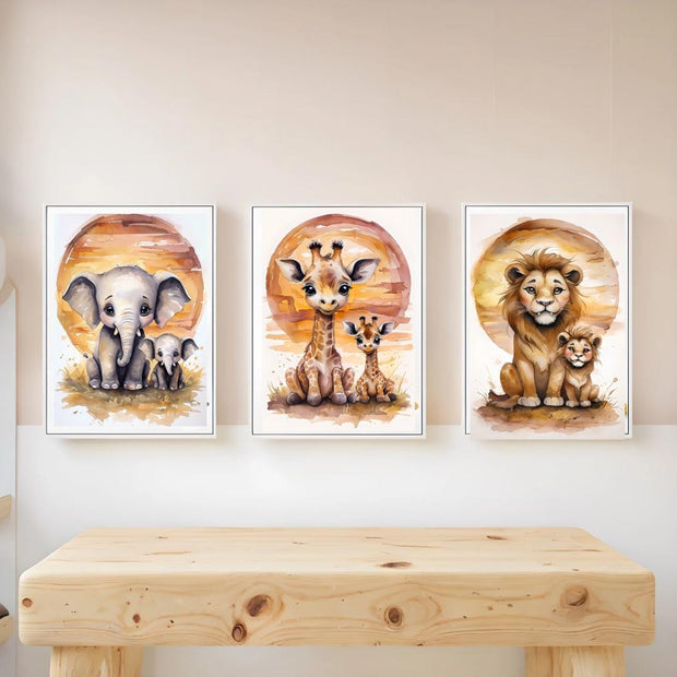 Safari Baby Animal Nursery Wall Art - Set of 3 Prints | Elephant, Giraffe, and Lion Cub | Digital Download | Boho Safari Nursery Decor