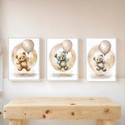 Cute Bear Balloons Watercolor Art Print Set – Nursery Wall Decor – Neutral Baby Room Art – Kids Room Decor – Minimalist Bear Prints