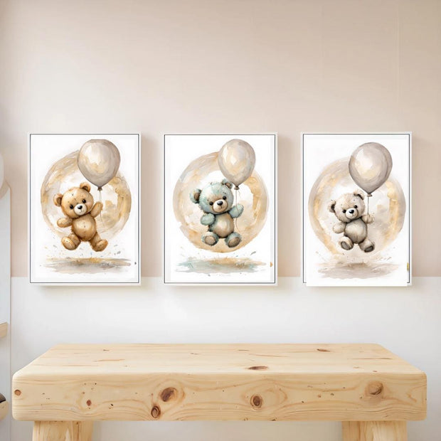 Cute Bear Balloons Watercolor Art Print Set – Nursery Wall Decor – Neutral Baby Room Art – Kids Room Decor – Minimalist Bear Prints
