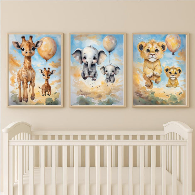 Set of 3 Baby Safari Animal Wall Art Prints | Elephant, Giraffe, Lion Nursery Decor | Printable PDF | Neutral Jungle Nursery