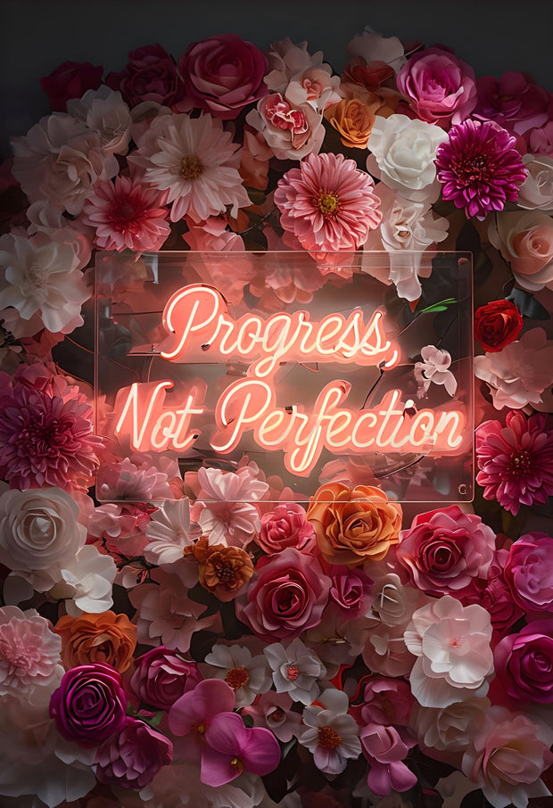 Progress Not Perfection Neon Sign | Pink Floral Wall Art | Motivational Quote LED Sign | Feminine Office Decor | Inspirational Print