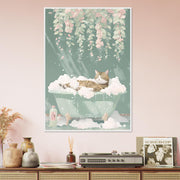 Relaxed Cat in Bathtub Wall Art – Pastel Floral Bathroom Print – Whimsical Cat Decor – Framed Art Available in 4 Colours & All Sizes