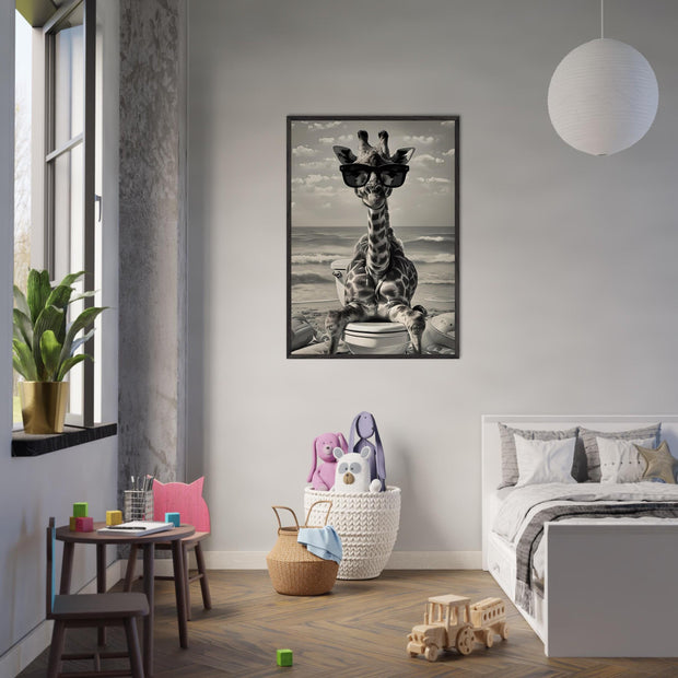 Funny Giraffe Beach Art | Quirky Bathroom Wall Print | Surreal Animal Decor | Giraffe on Toilet | Digital Download Poster