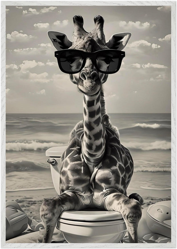 Funny Giraffe Beach Art | Quirky Bathroom Wall Print | Surreal Animal Decor | Giraffe on Toilet | Digital Download Poster