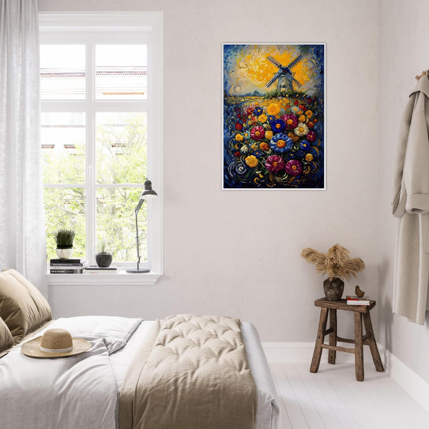 Colourful Windmill Field – Vibrant Floral Landscape Art