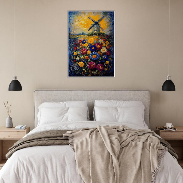 Colourful Windmill Field – Vibrant Floral Landscape Art