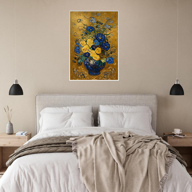 Blue & Gold Floral Vase – Elegant Botanical Art Print