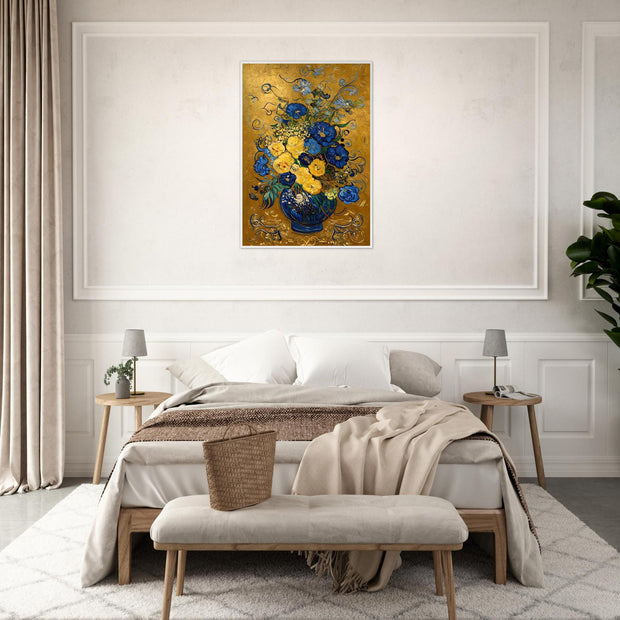 Blue & Gold Floral Vase – Elegant Botanical Art Print