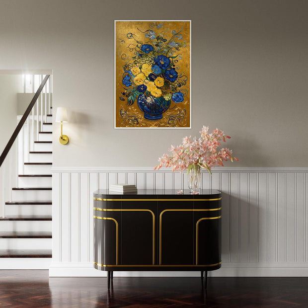 Blue & Gold Floral Vase – Elegant Botanical Art Print
