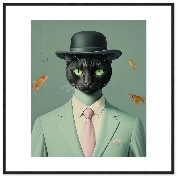 Cat in Suit Wall Art – Quirky Cat Portrait Printable, Funny Surreal Cat & Fish Poster, Digital Animal Print for Cat Lovers