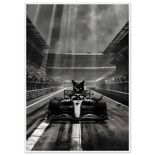 Racing Cat Framed Wall Art | Black Cat in F1 Car Poster | Luxury Motorsport Decor | Funny Animal Art Print | Ready to Hang Framed Gift