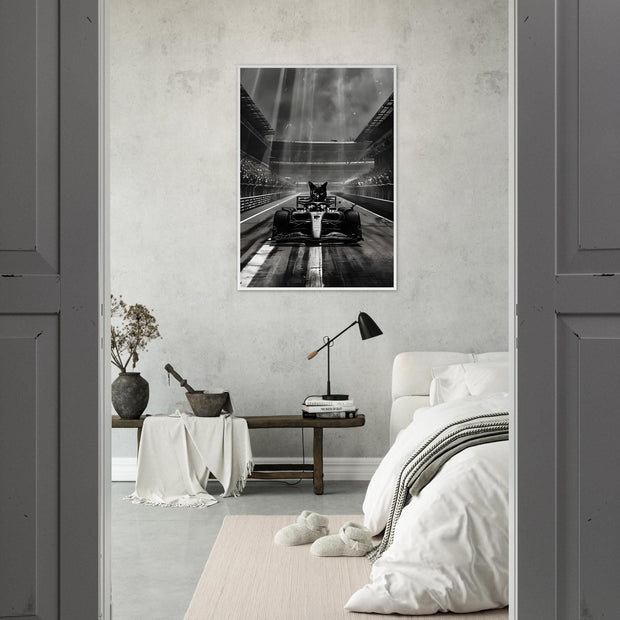 Racing Cat Framed Wall Art | Black Cat in F1 Car Poster | Luxury Motorsport Decor | Funny Animal Art Print | Ready to Hang Framed Gift