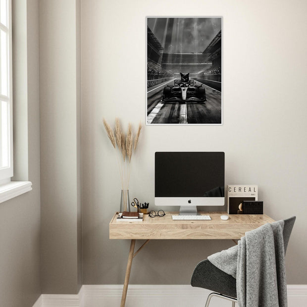 Racing Cat Framed Wall Art | Black Cat in F1 Car Poster | Luxury Motorsport Decor | Funny Animal Art Print | Ready to Hang Framed Gift