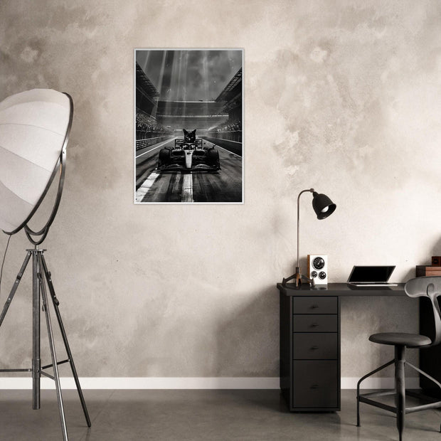 Racing Cat Framed Wall Art | Black Cat in F1 Car Poster | Luxury Motorsport Decor | Funny Animal Art Print | Ready to Hang Framed Gift