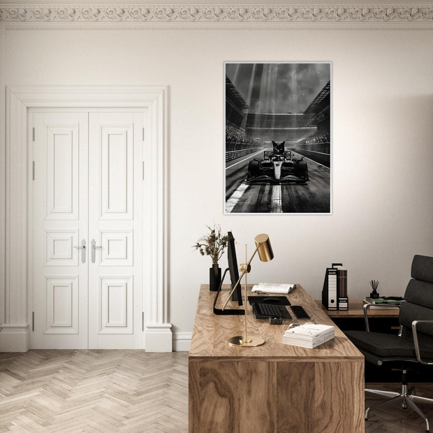 Racing Cat Framed Wall Art | Black Cat in F1 Car Poster | Luxury Motorsport Decor | Funny Animal Art Print | Ready to Hang Framed Gift