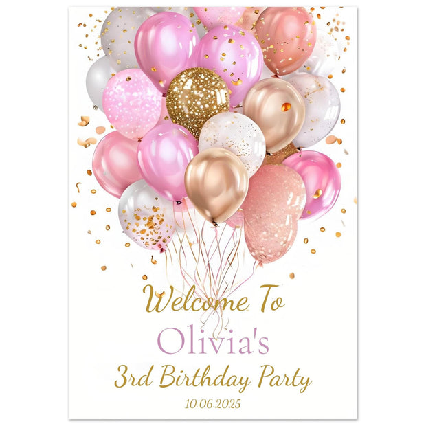 Personalised Birthday Party Welcome Sign | Foam Board Poster | Custom Name, Age & Date | Pink and Gold Balloon Decor | Kids Party Signage