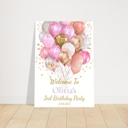 Personalised Birthday Party Welcome Sign | Foam Board Poster | Custom Name, Age & Date | Pink and Gold Balloon Decor | Kids Party Signage