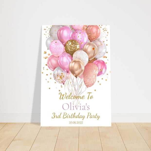 Personalised Birthday Party Welcome Sign | Foam Board Poster | Custom Name, Age & Date | Pink and Gold Balloon Decor | Kids Party Signage