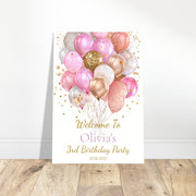 Personalised Birthday Party Welcome Sign | Foam Board Poster | Custom Name, Age & Date | Pink and Gold Balloon Decor | Kids Party Signage