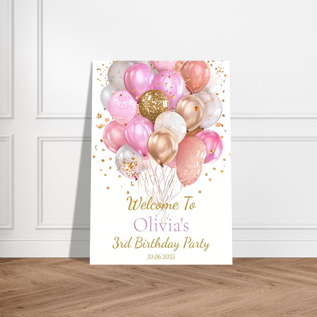 Personalised Birthday Party Welcome Sign | Foam Board Poster | Custom Name, Age & Date | Pink and Gold Balloon Decor | Kids Party Signage