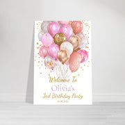 Personalised Birthday Party Welcome Sign | Foam Board Poster | Custom Name, Age & Date | Pink and Gold Balloon Decor | Kids Party Signage