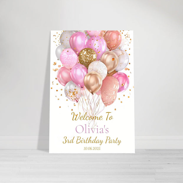 Personalised Birthday Party Welcome Sign | Foam Board Poster | Custom Name, Age & Date | Pink and Gold Balloon Decor | Kids Party Signage