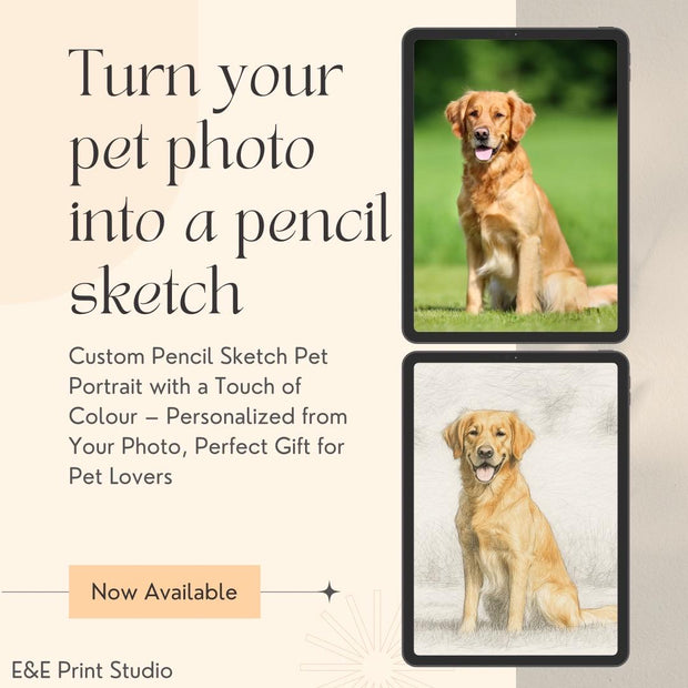 Custom Pencil Sketch Pet Portrait with Partial Colour | Personalised Dog or Cat Drawing from Photo | Hand-Drawn Animal Art Print Gift